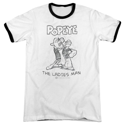 Popeye Ladies Man Heather Ringer Mens T Shirt White Black