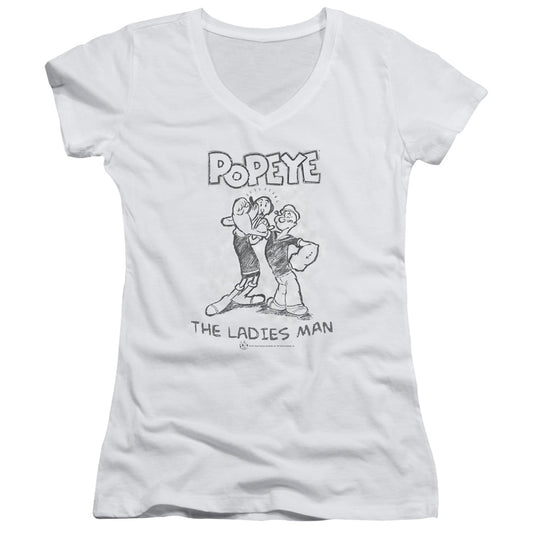 Popeye Ladies Man Junior Sheer Cap Sleeve V Neck Womens T Shirt White