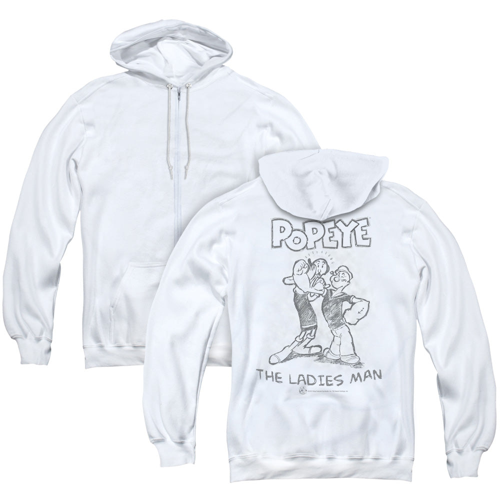 Popeye Ladies Man Back Print Zipper Mens Hoodie White