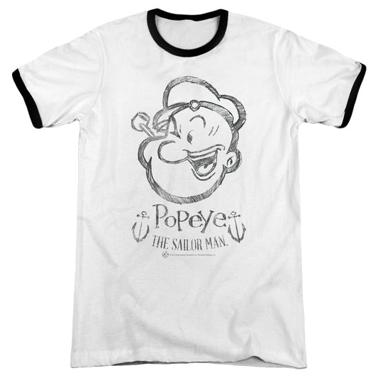 Popeye Sketch Portrait Heather Ringer Mens T Shirt White Black