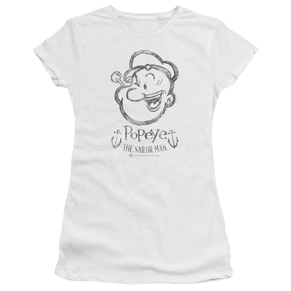 Popeye Sketch Portrait Junior Sheer Cap Sleeve Womens T Shirt White