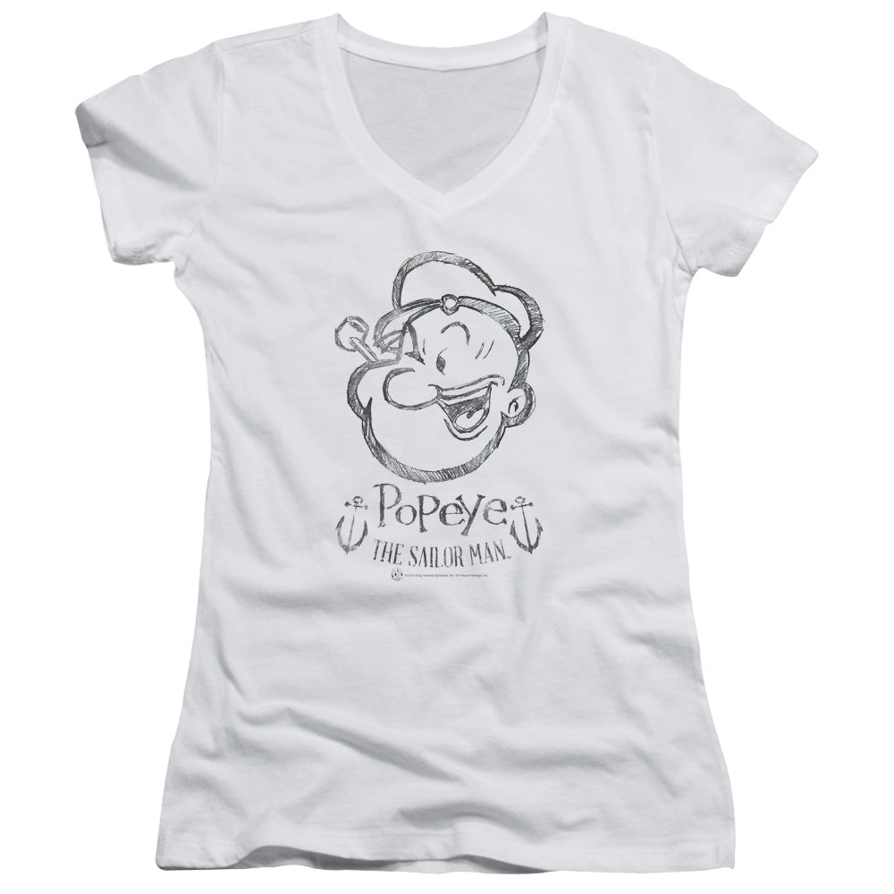 Popeye Sketch Portrait Junior Sheer Cap Sleeve V Neck Womens T Shirt White