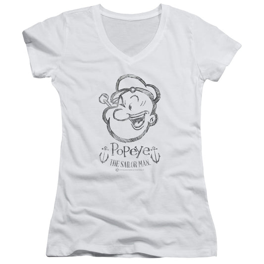 Popeye Sketch Portrait Junior Sheer Cap Sleeve V Neck Womens T Shirt White