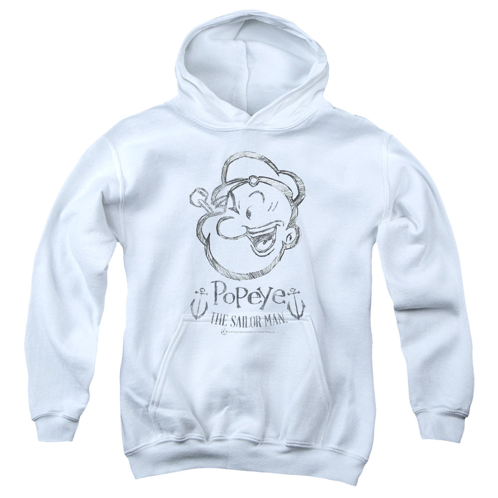 Popeye Sketch Portrait Kids Youth Hoodie White