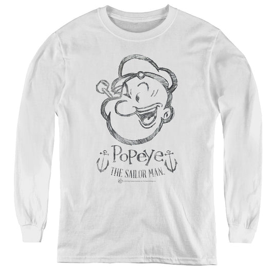 Popeye Sketch Portrait Long Sleeve Kids Youth T Shirt White