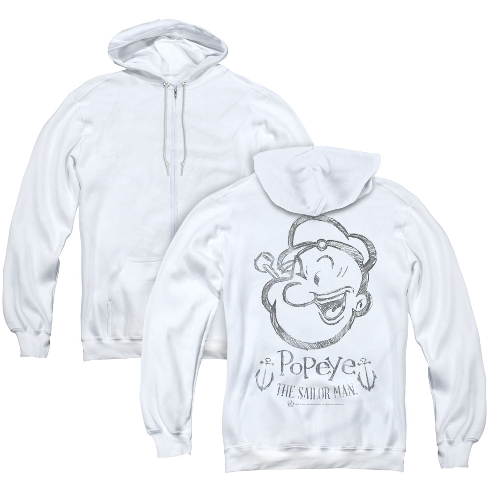 Popeye Sketch Portrait Back Print Zipper Mens Hoodie White