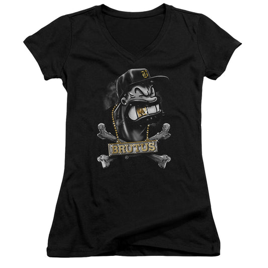 Popeye Brutus Junior Sheer Cap Sleeve V Neck Womens T Shirt Black