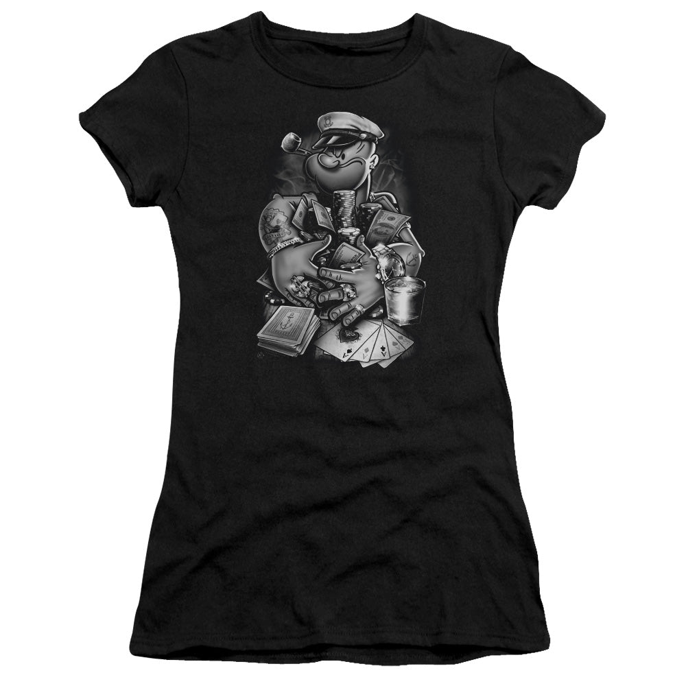 Popeye Mine All Mine Junior Sheer Cap Sleeve Womens T Shirt Black