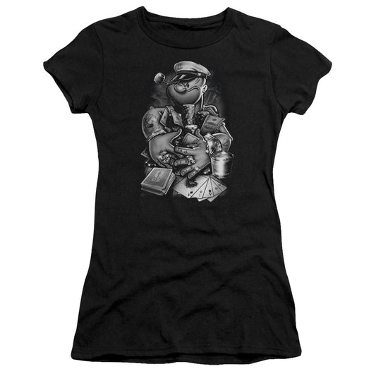 Popeye Mine All Mine Junior Sheer Cap Sleeve Womens T Shirt Black