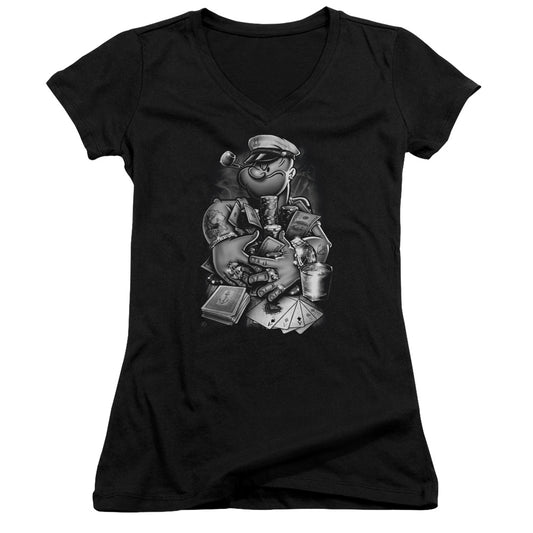 Popeye Mine All Mine Junior Sheer Cap Sleeve V Neck Womens T Shirt Black