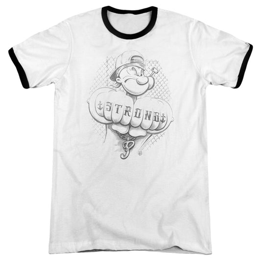 Popeye Strong Heather Ringer Mens T Shirt White Black