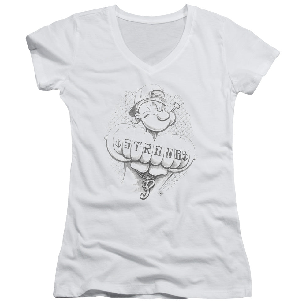 Popeye Strong Junior Sheer Cap Sleeve V Neck Womens T Shirt White