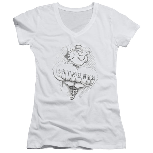 Popeye Strong Junior Sheer Cap Sleeve V Neck Womens T Shirt White