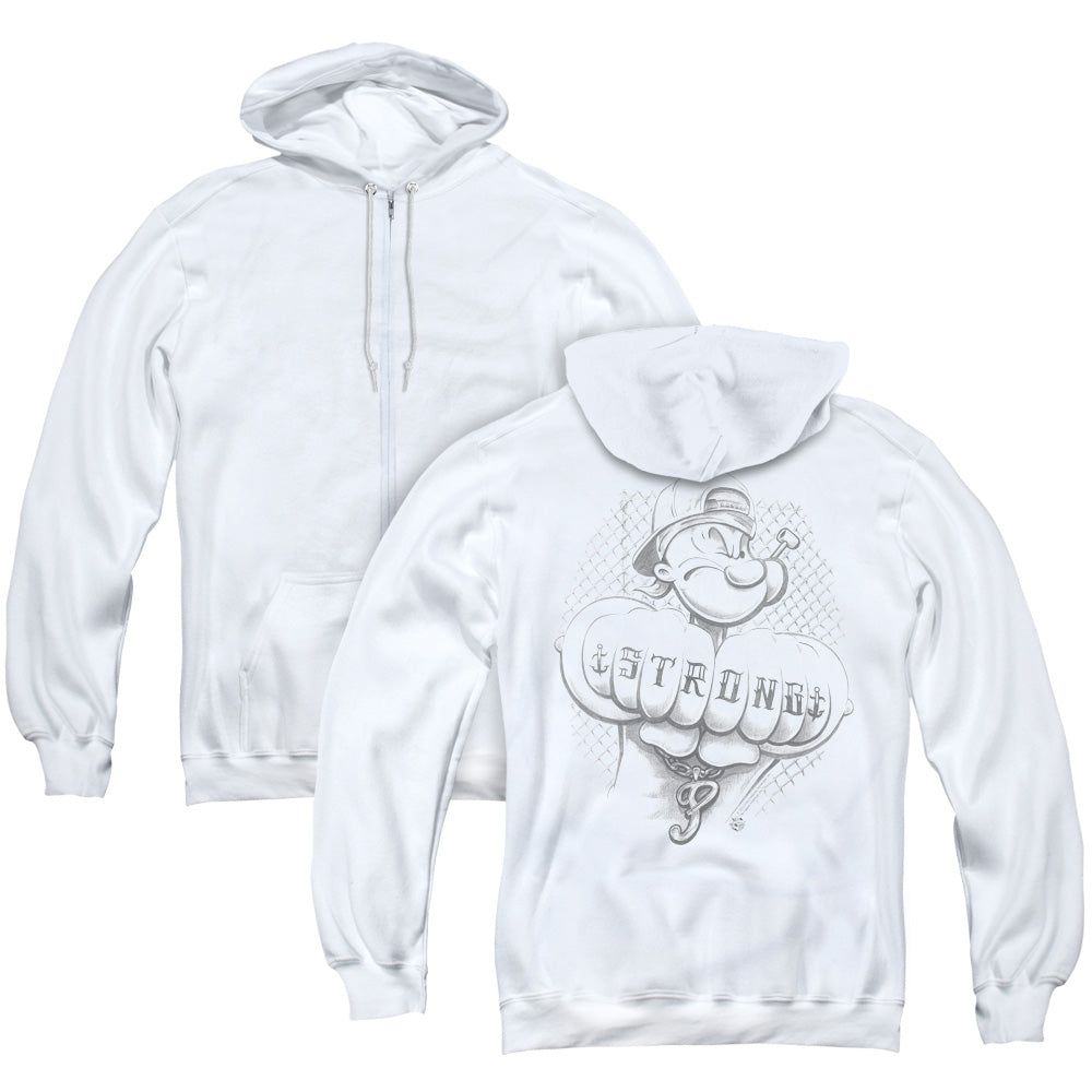 Popeye Strong Back Print Zipper Mens Hoodie White