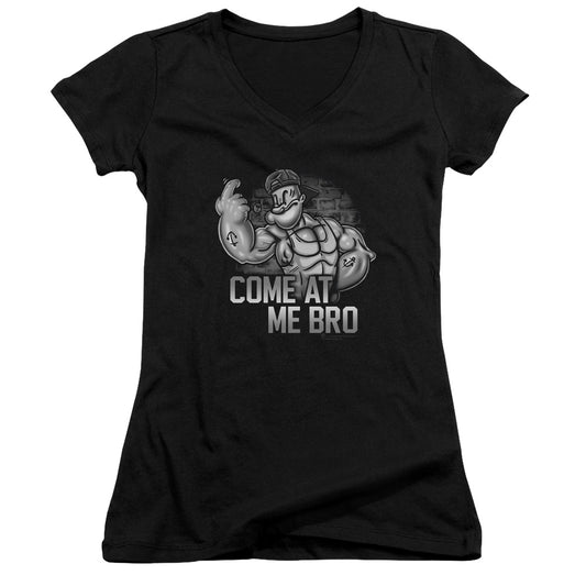 Popeye Come At Me Junior Sheer Cap Sleeve V Neck Womens T Shirt Black