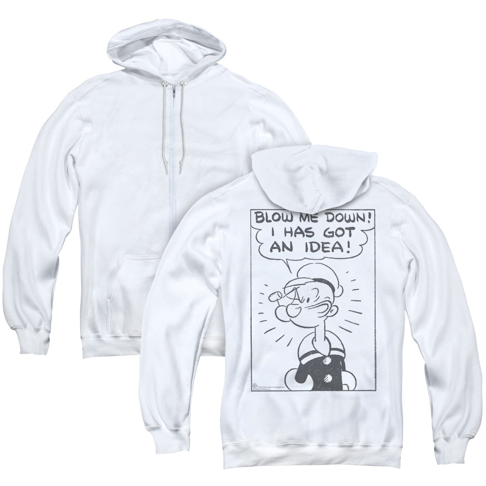 Popeye An Idea Back Print Zipper Mens Hoodie White