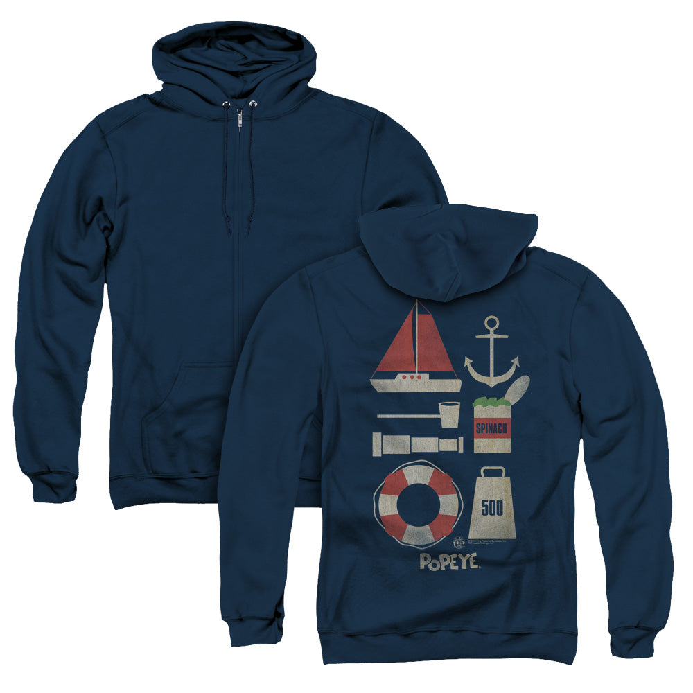 Popeye Items Back Print Zipper Mens Hoodie Navy