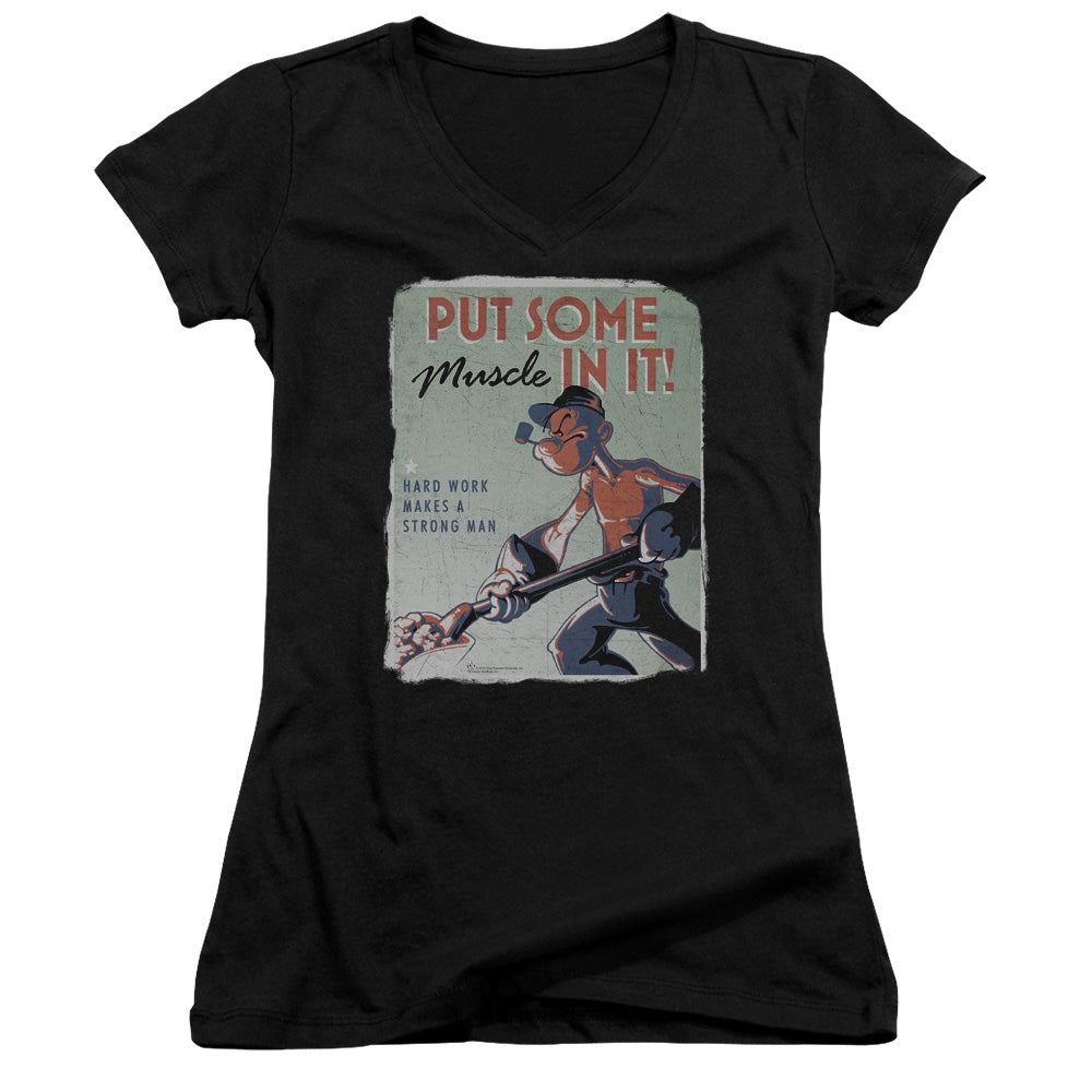 Popeye Hard Work Junior Sheer Cap Sleeve V Neck Womens T Shirt Black