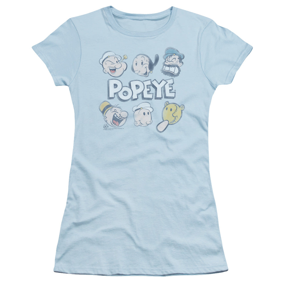 Popeye Heads Up Junior Sheer Cap Sleeve Womens T Shirt Light Blue