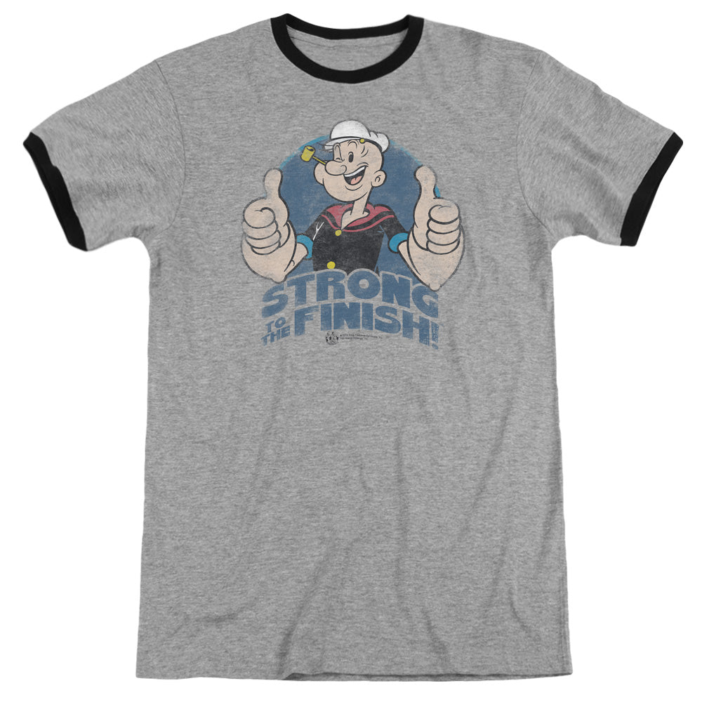 Popeye To The Finish Heather Ringer Mens T Shirt Heather Black