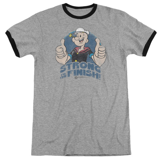 Popeye To The Finish Heather Ringer Mens T Shirt Heather Black