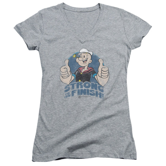 Popeye To The Finish Junior Sheer Cap Sleeve V Neck Womens T Shirt Athletic Heather