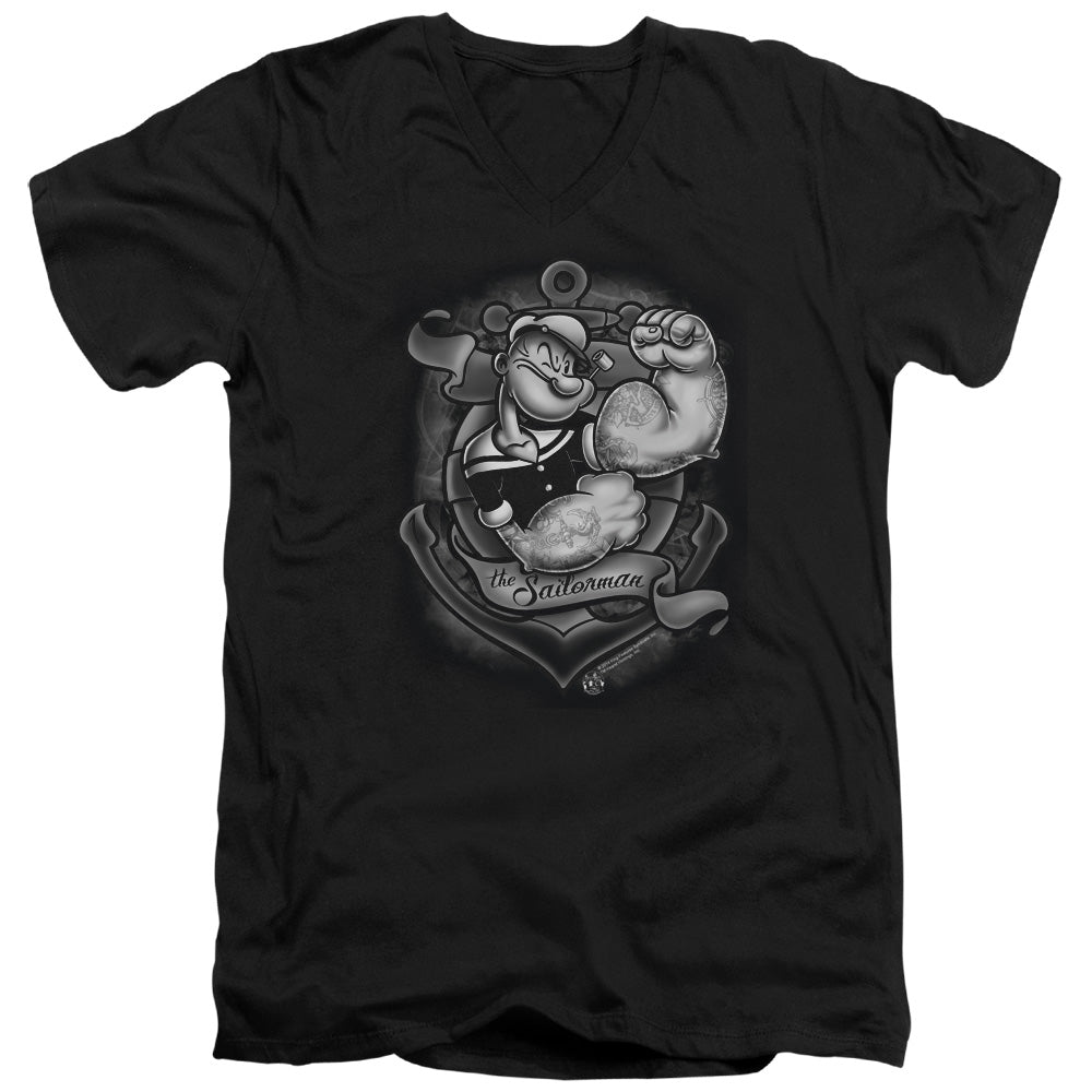 Popeye Anchors Away Mens Slim Fit V Neck T Shirt Black