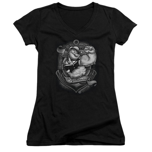 Popeye Anchors Away Junior Sheer Cap Sleeve V Neck Womens T Shirt Black