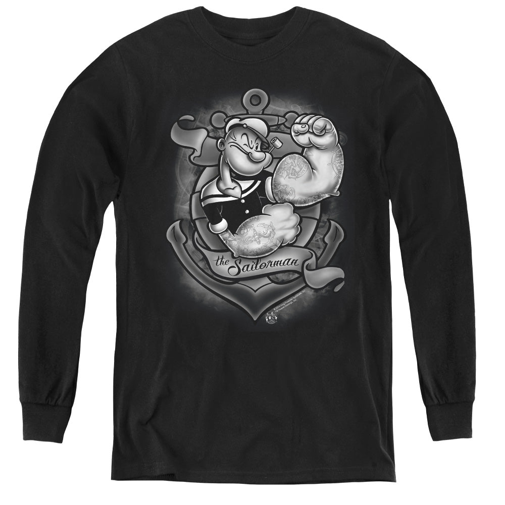 Popeye Anchors Away Long Sleeve Kids Youth T Shirt Black