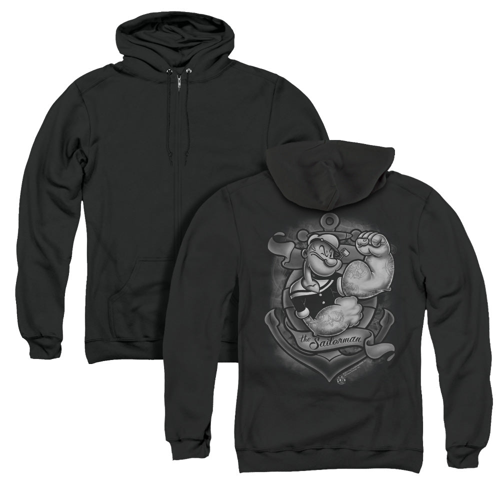 Popeye Anchors Away Back Print Zipper Mens Hoodie Black