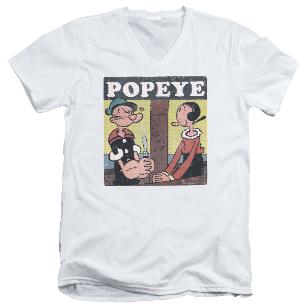 Popeye Loves Olive Mens Slim Fit V Neck T Shirt White