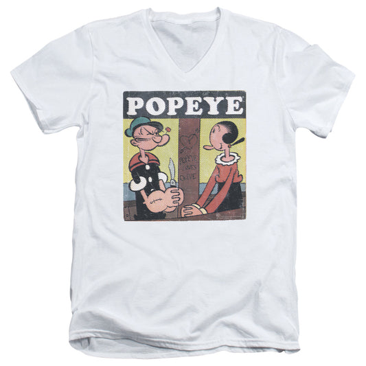 Popeye Loves Olive Mens Slim Fit V Neck T Shirt White