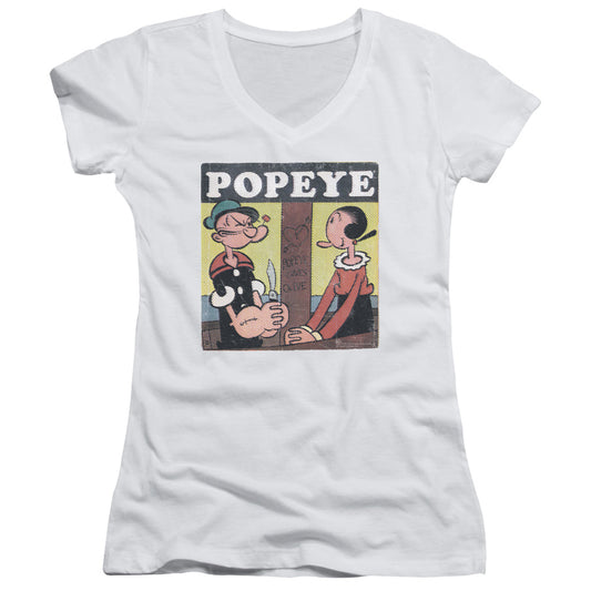 Popeye Loves Olive Junior Sheer Cap Sleeve V Neck Womens T Shirt White