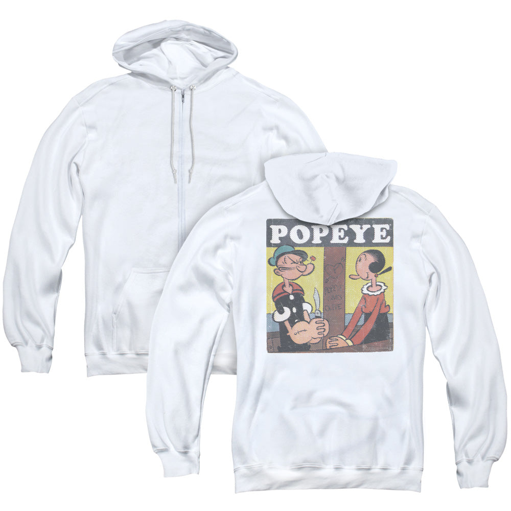 Popeye Loves Olive Back Print Zipper Mens Hoodie White