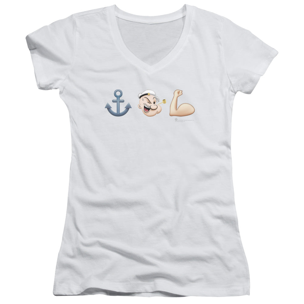 Popeye Emoji Junior Sheer Cap Sleeve V Neck Womens T Shirt White