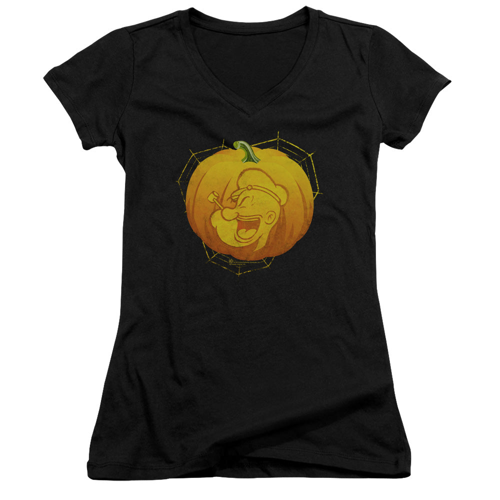 Popeye Pop O Lantern Junior Sheer Cap Sleeve V Neck Womens T Shirt Black