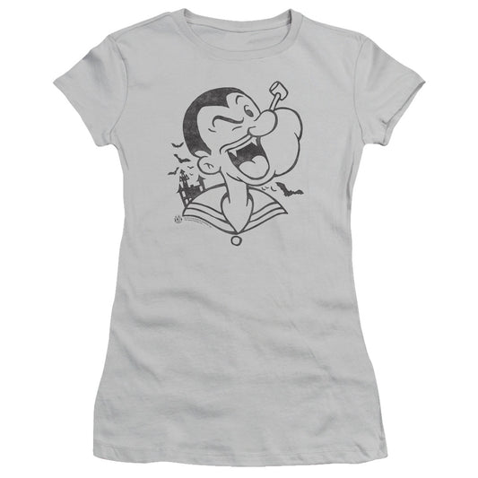 Popeye Vamp Pop Junior Sheer Cap Sleeve Womens T Shirt Silver