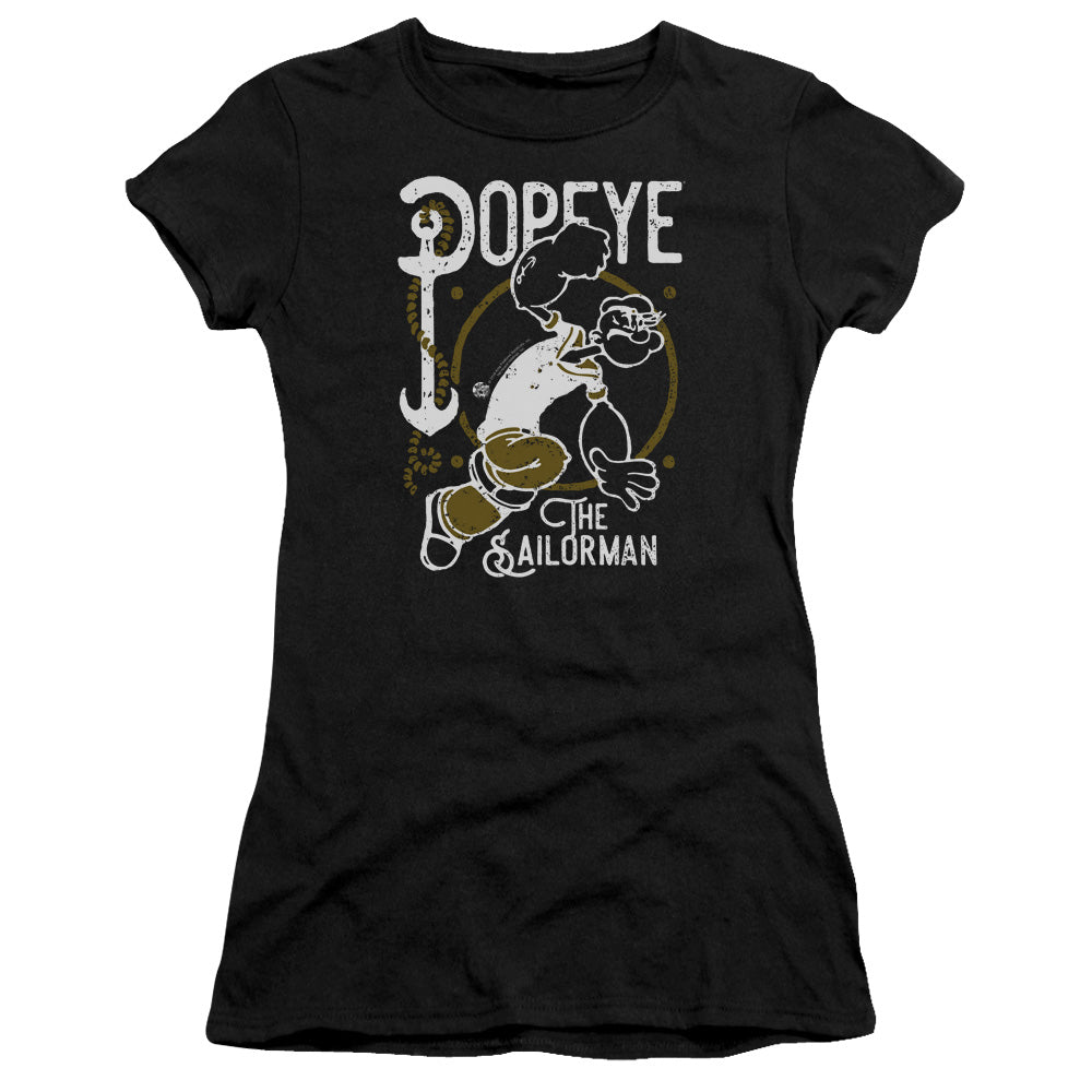 Popeye Vintage Sailor Junior Sheer Cap Sleeve Womens T Shirt Black