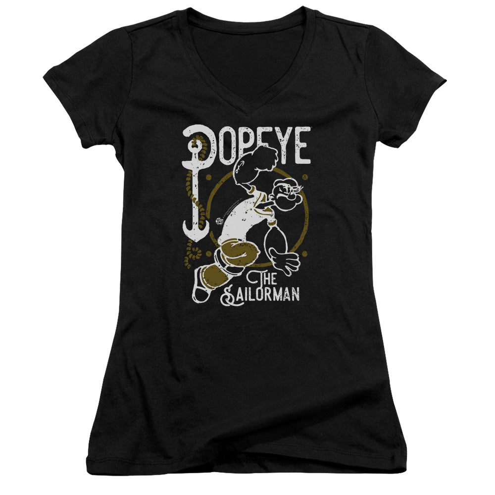 Popeye Vintage Sailor Junior Sheer Cap Sleeve V Neck Womens T Shirt Black