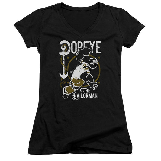 Popeye Vintage Sailor Junior Sheer Cap Sleeve V Neck Womens T Shirt Black