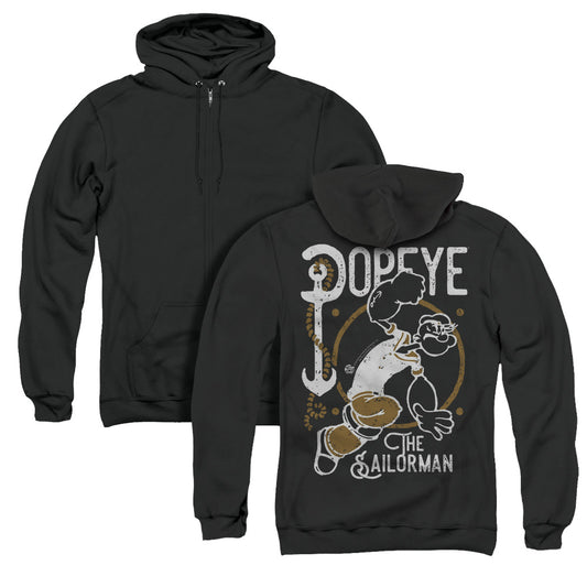 Popeye Vintage Sailor Back Print Zipper Mens Hoodie Black