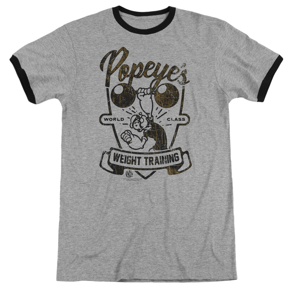 Popeye Weight Training Heather Ringer Mens T Shirt Heather Black