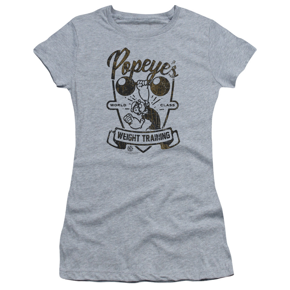 Popeye Weight Training Junior Sheer Cap Sleeve Womens T Shirt Athletic Heather