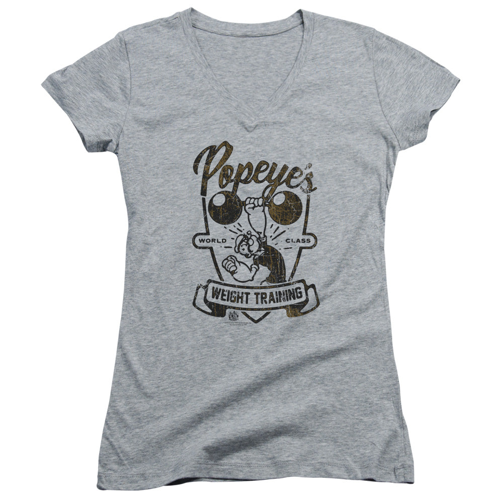 Popeye Weight Training Junior Sheer Cap Sleeve V Neck Womens T Shirt Athletic Heather