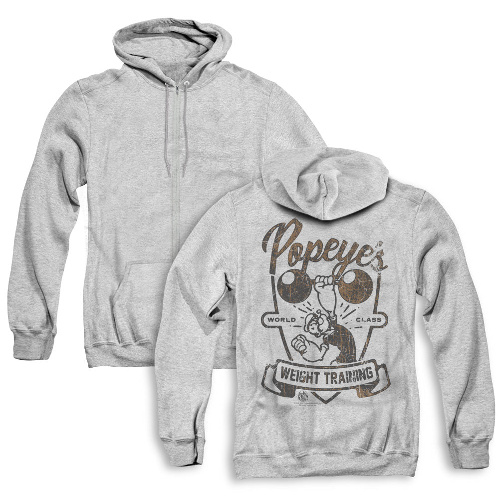 Popeye Weight Training Back Print Zipper Mens Hoodie Athletic Heather