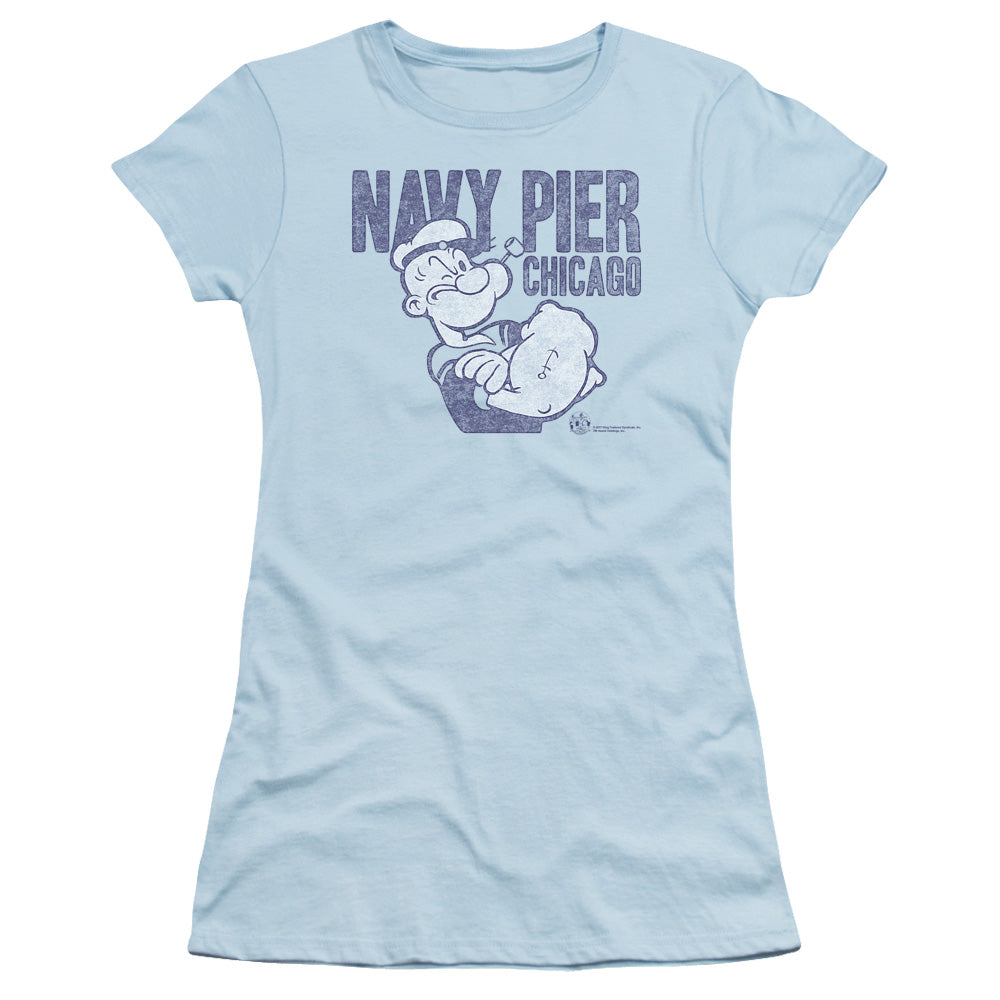 Popeye Navy Pier Junior Sheer Cap Sleeve Womens T Shirt Light Blue