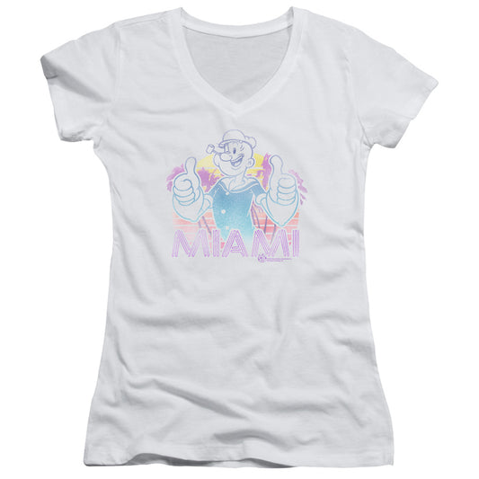 Popeye Miami Junior Sheer Cap Sleeve V Neck Womens T Shirt White