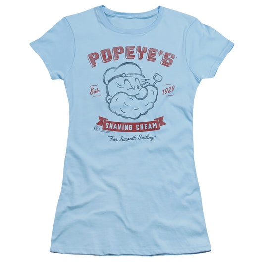 Popeye Popeyes Shaving Cream Junior Sheer Cap Sleeve Womens T Shirt Light Blue