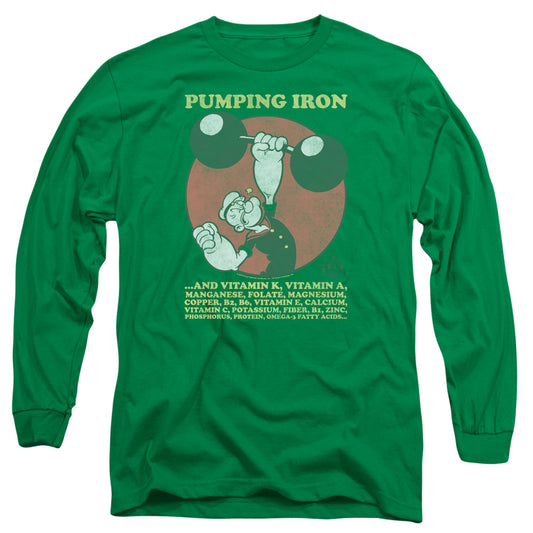 Popeye Pumping Iron Mens Long Sleeve Shirt Kelly Green