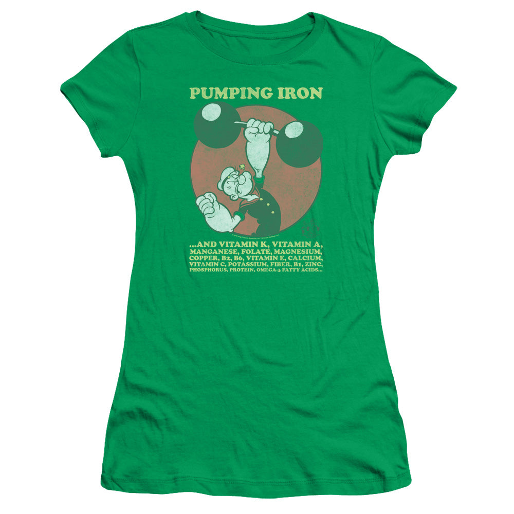 Popeye Pumping Iron Junior Sheer Cap Sleeve Womens T Shirt Kelly Green